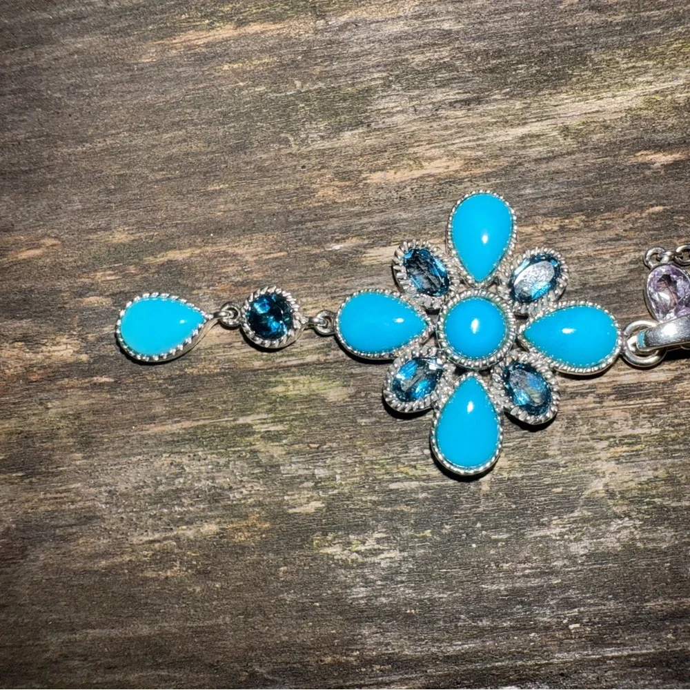 SOUTHWESTERN NAVAJO STERLING TURQUOISE MUTLI-GEMSTONES PENDANT‎ NECKLACE BOHO